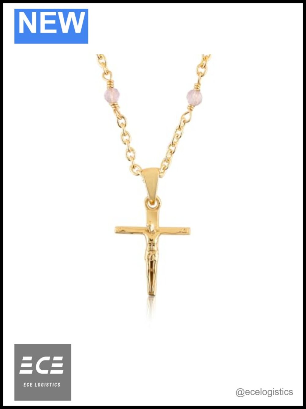 Rose Quartz Jesus Christ Pendant Necklace 18K Gold Plated Adjustable Chain